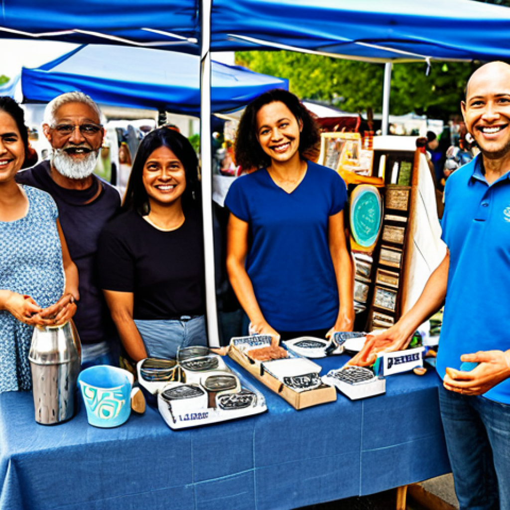 A diverse group of community members, including a local small business owner, proudly showcasing products made from recycled materials at a vibrant outdoor market. The scene highlights genuine interactions, with customers feeling a sense of pride and connection to the brand's sustainable mission. The setting is bright and welcoming, emphasizing community engagement and environmental responsibility. Fully clothed, modest clothing, appropriate attire, family-friendly, safe for work, appropriate content, perfect anatomy, correct proportions, natural pose, well-formed hands, proper finger count, natural body proportions, professional photography, high quality, soft natural light.