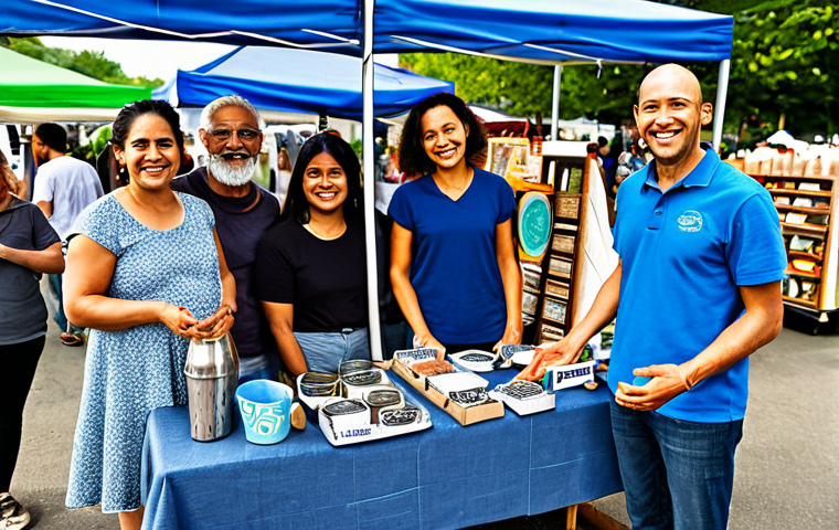 A diverse group of community members, including a local small business owner, proudly showcasing products made from recycled materials at a vibrant outdoor market. The scene highlights genuine interactions, with customers feeling a sense of pride and connection to the brand's sustainable mission. The setting is bright and welcoming, emphasizing community engagement and environmental responsibility. Fully clothed, modest clothing, appropriate attire, family-friendly, safe for work, appropriate content, perfect anatomy, correct proportions, natural pose, well-formed hands, proper finger count, natural body proportions, professional photography, high quality, soft natural light.