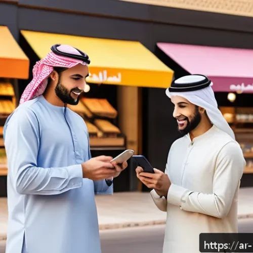 Home 32 소셜 증명으로 시장 트렌드 반영하기 - A vibrant digital marketplace scene in a modern Middle Eastern city, showing diverse Arabic-speaking...