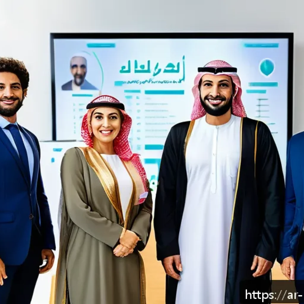 소셜 증명으로 사내 문화 개선하기 - A diverse group of Arab office employees in modern business attire, gathered around a digital screen...