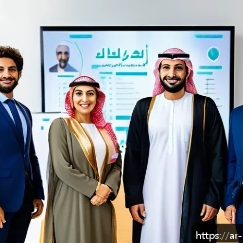 Home 17 소셜 증명으로 사내 문화 개선하기 - A diverse group of Arab office employees in modern business attire, gathered around a digital screen...