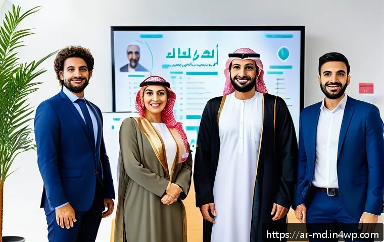 소셜 증명으로 사내 문화 개선하기 - A diverse group of Arab office employees in modern business attire, gathered around a digital screen...