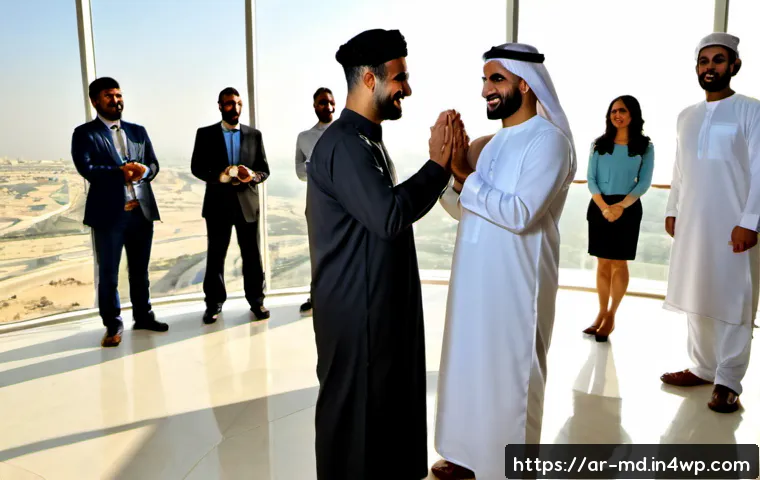 Home 17 소셜 증명과 직원 만족도 향상 - Photorealistic modern Gulf-region office, diverse Arab team in modest professional clothing warmly a...