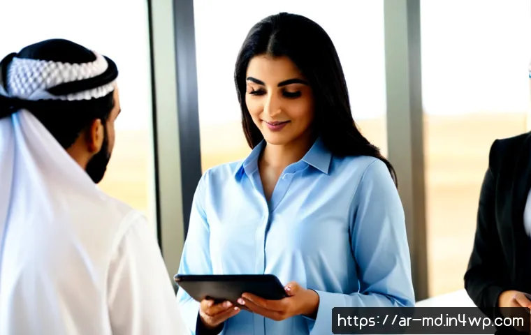Home 17 소셜 증명과 데이터 기반 의사결정 - Photorealistic modern Arab businesswoman in modest professional attire reviewing a clean tablet dash...